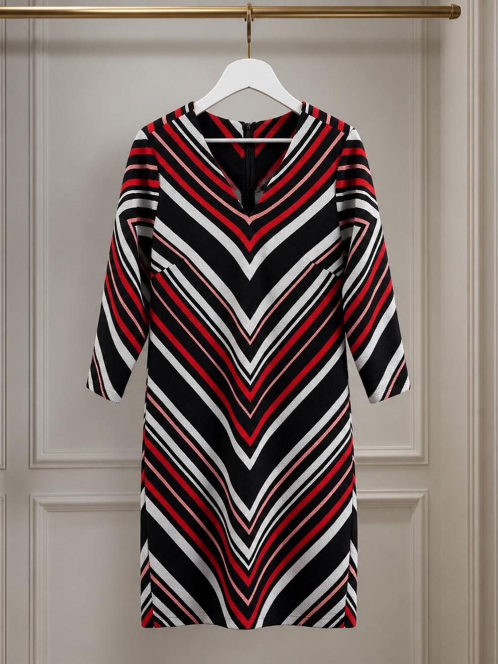 Beige by eci Black, Red, Pink and White Striped Dress